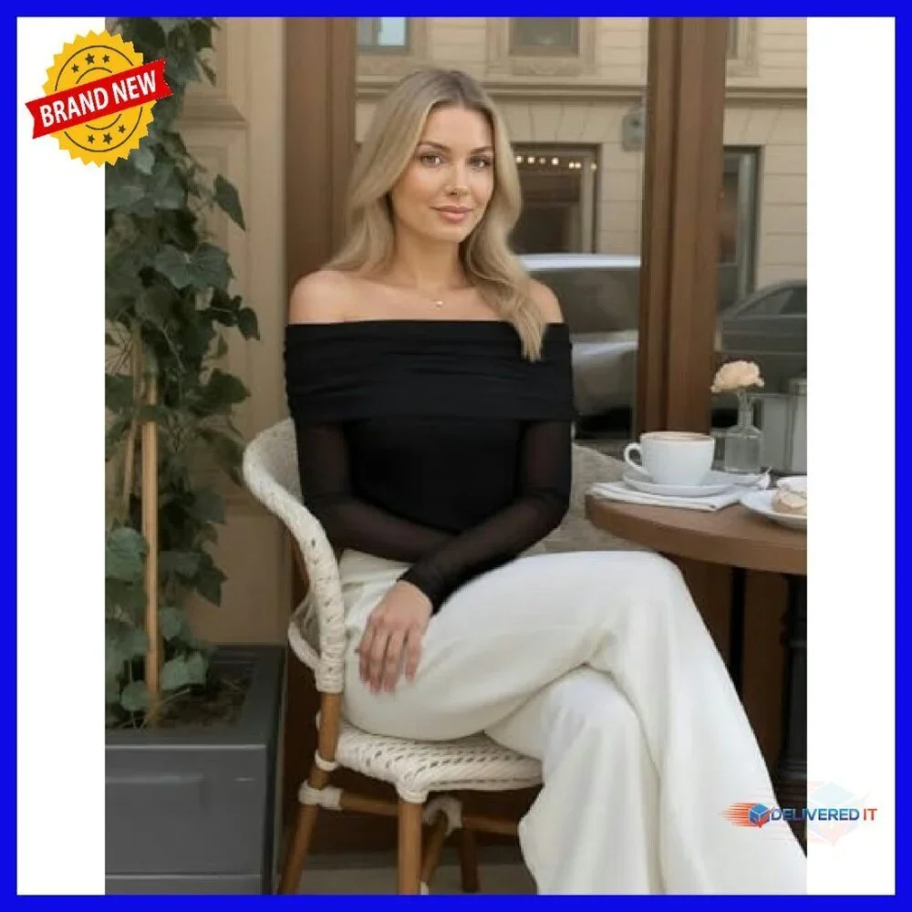 Sheer Mesh Off Shoulder Bodysuit Long Sleeve Backless Double Lined